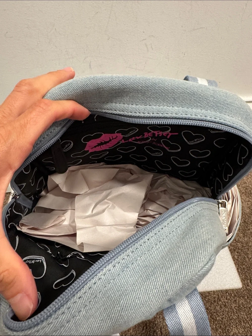 Betsey Johnson luv Betsey denim teddy bear embroidered backpack NWT